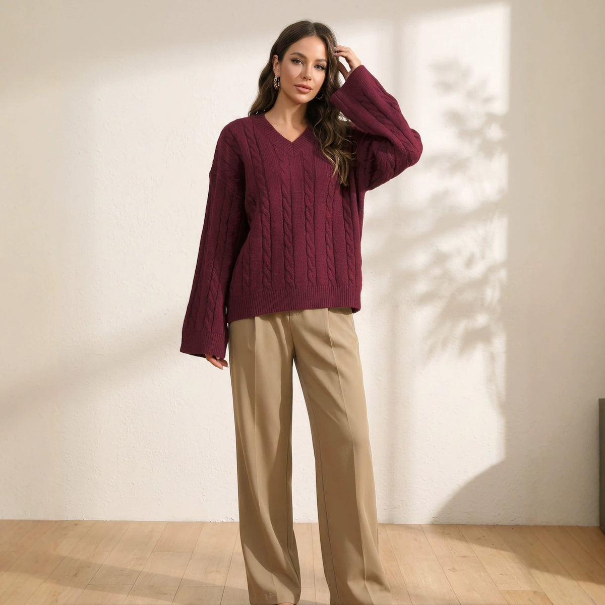 Women's Cable Knit Jumper - burgundy, full length styled with trousers