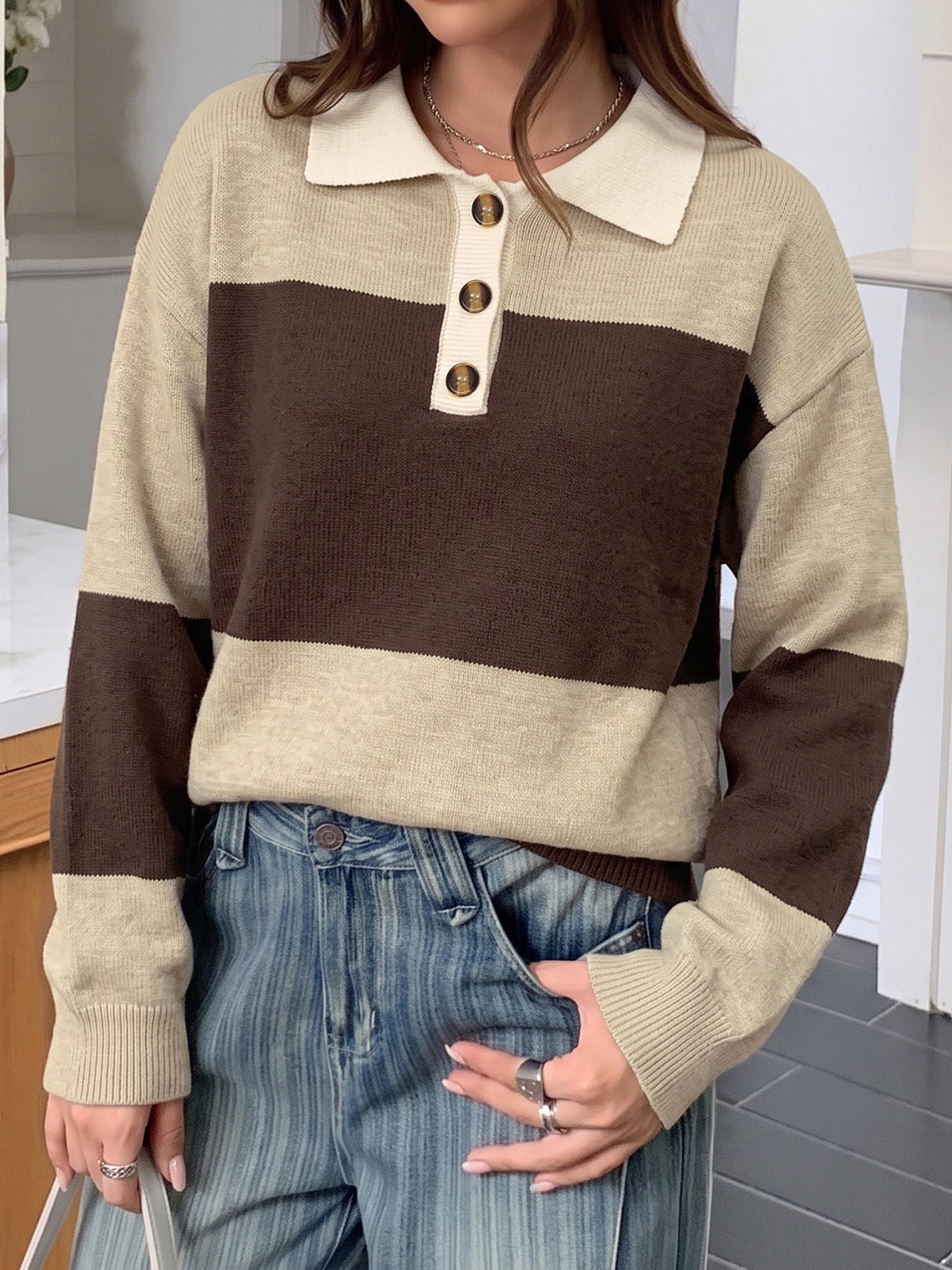 Contrast Collar Colour Block Knitted Rugby Polo Jumper