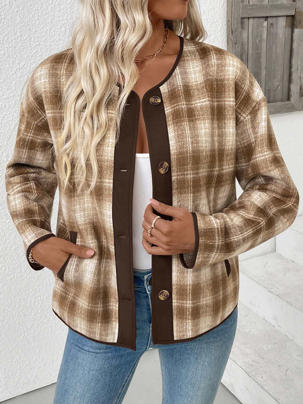 Camel Brushed Check Collarless Jacket with Brown Trim