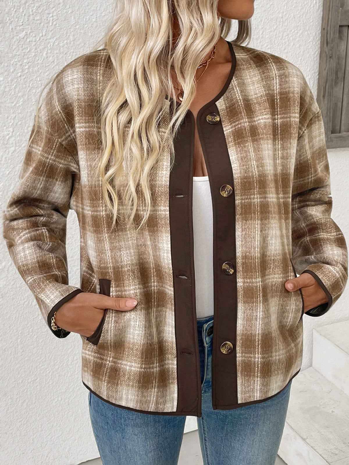 Camel Brushed Check Collarless Jacket with Brown Trim