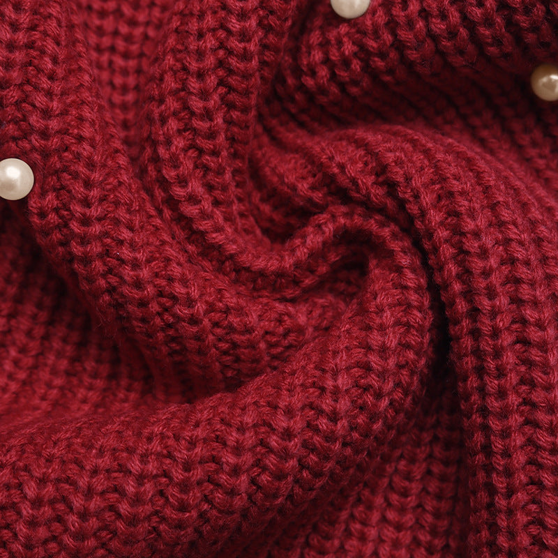 Faux Pearl Crystal Flower Button Chunky Rib Knit Cardigan
