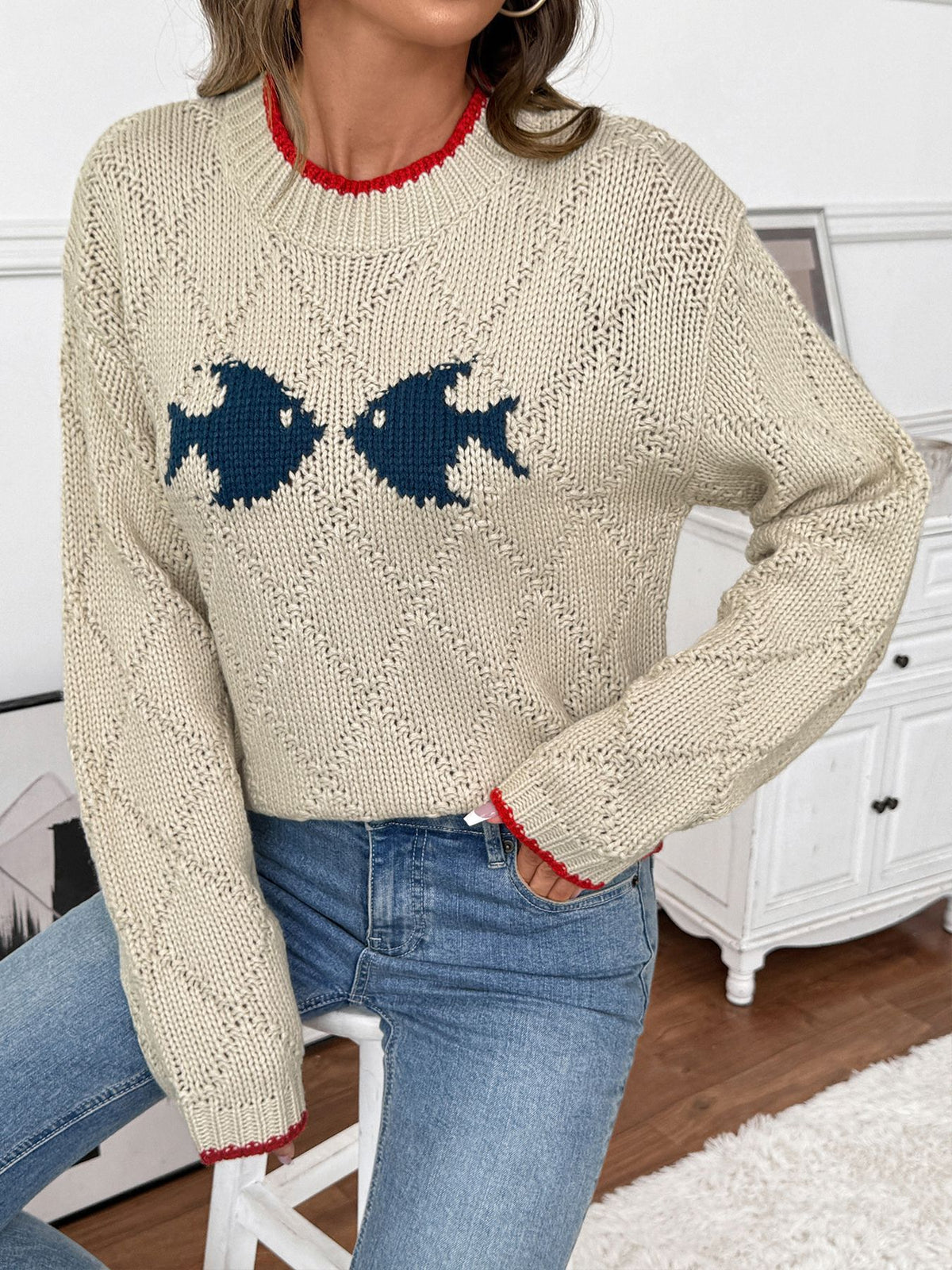 Fish Motif Red Trim Chunky Knit Crew Neck Jumper