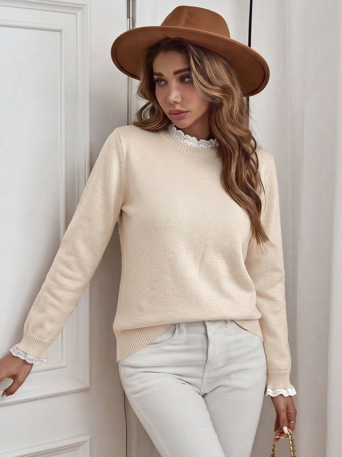 Broderie Lace Trim Crew Neck Layered Knit Jumper