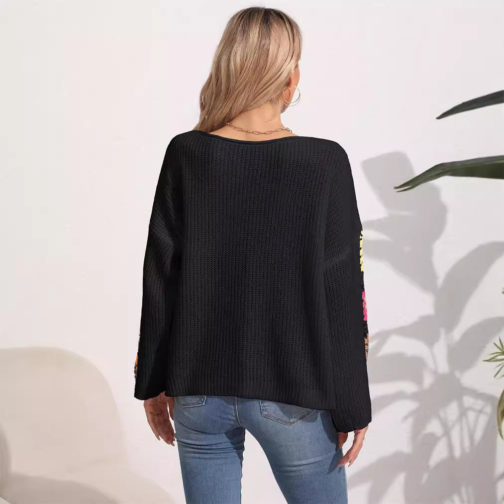 Women's Crochet Sleeve Jumper - black, back view