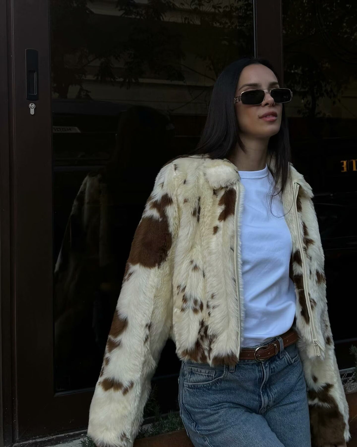 Collared Zip Through Cropped Cow Print Faux Fur Jacket