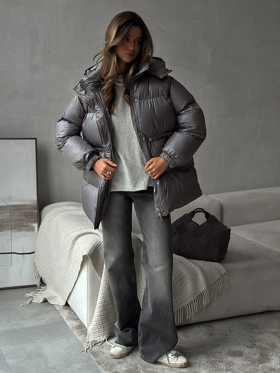 Drawstring Waist Hooded Zip Front Puffer Jacket