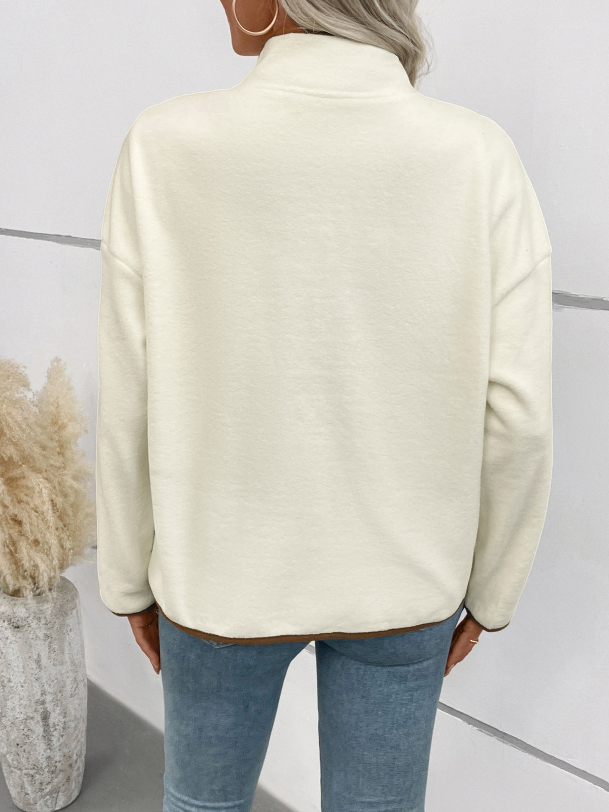 Contrast Trim Popper Funnel Neck Fleece Jacket