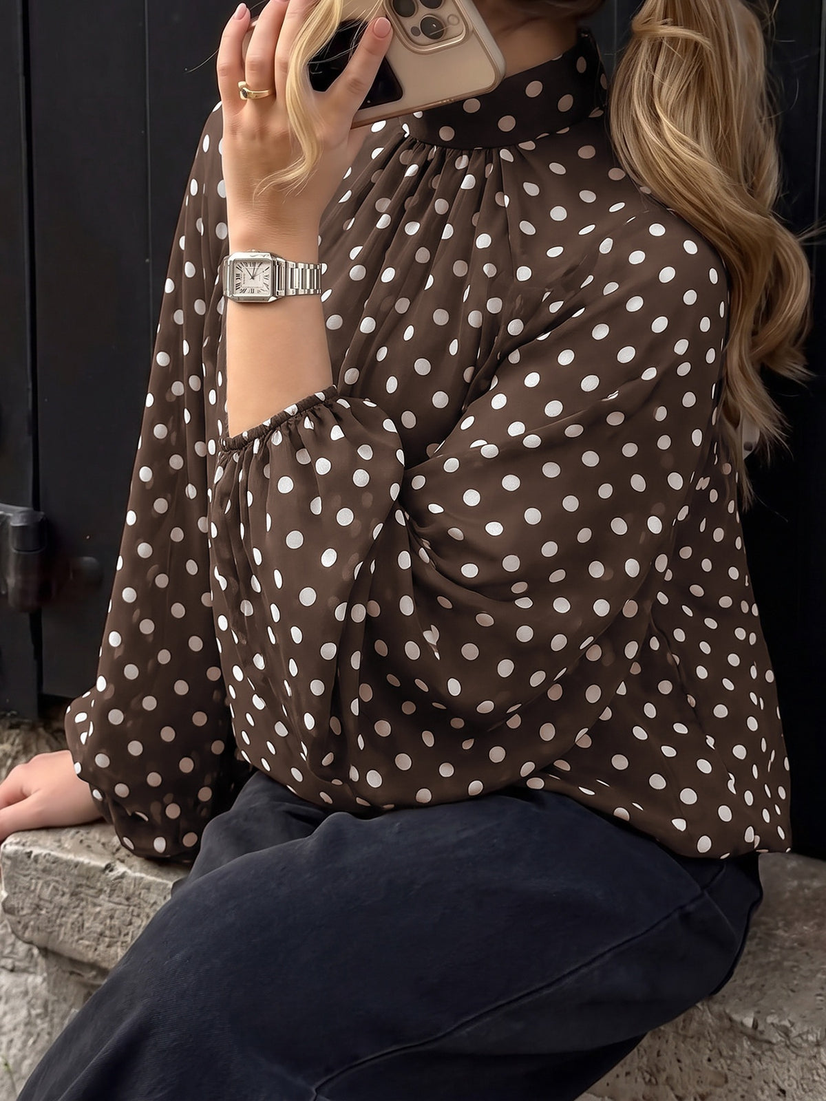 High Neck Balloon Sleeve Polka Dot Chiffon Blouse