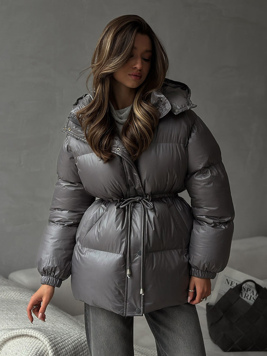 Drawstring Waist Hooded Zip Front Puffer Jacket