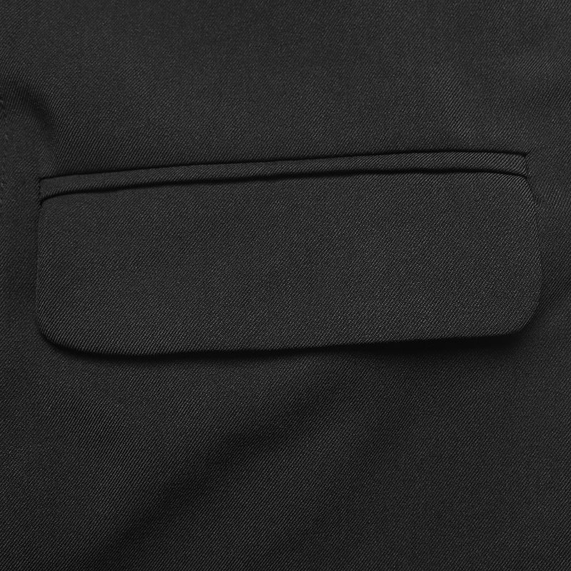 Flap pocket detail on the black blazer