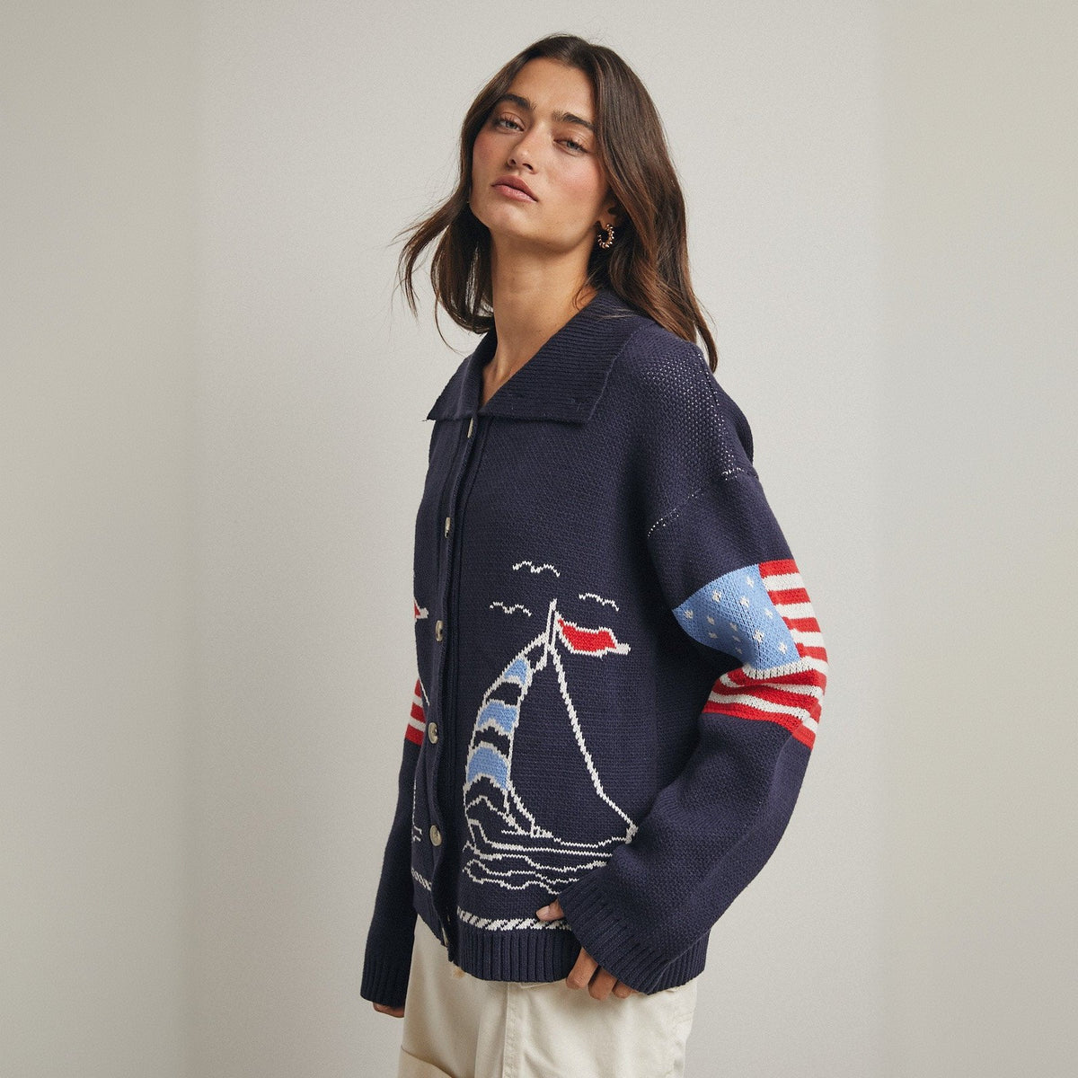 Navy Sailboat Pattern Striped Sleeve Button Knit Cardigan