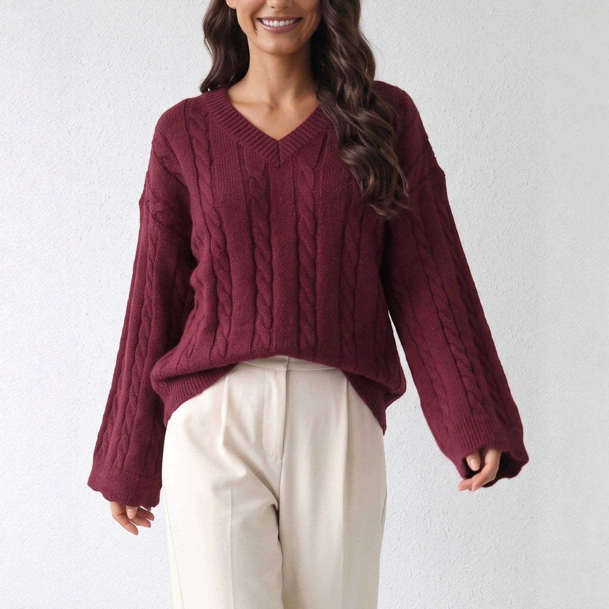 Women's Cable Knit Jumper - burgundy, front view