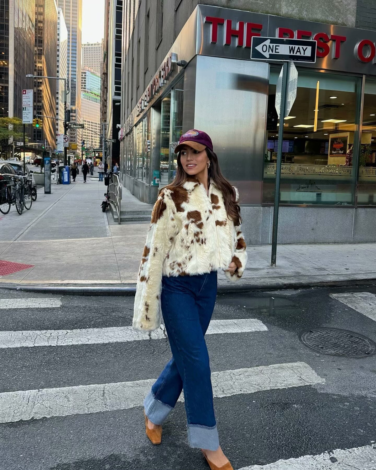 Collared Zip Through Cropped Cow Print Faux Fur Jacket