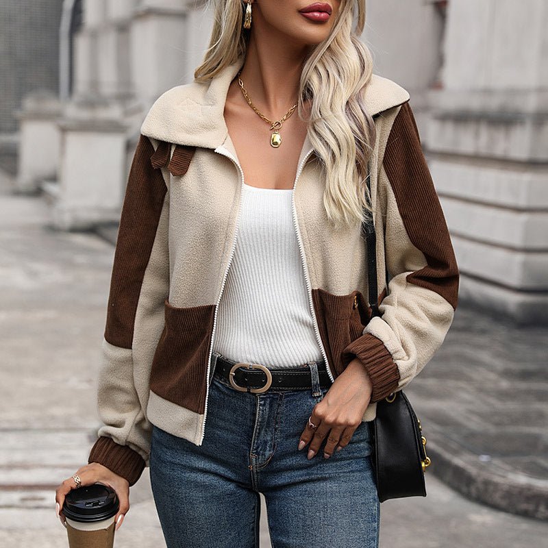 Women's Colour Block Fleece Jacket - front view, with coffee