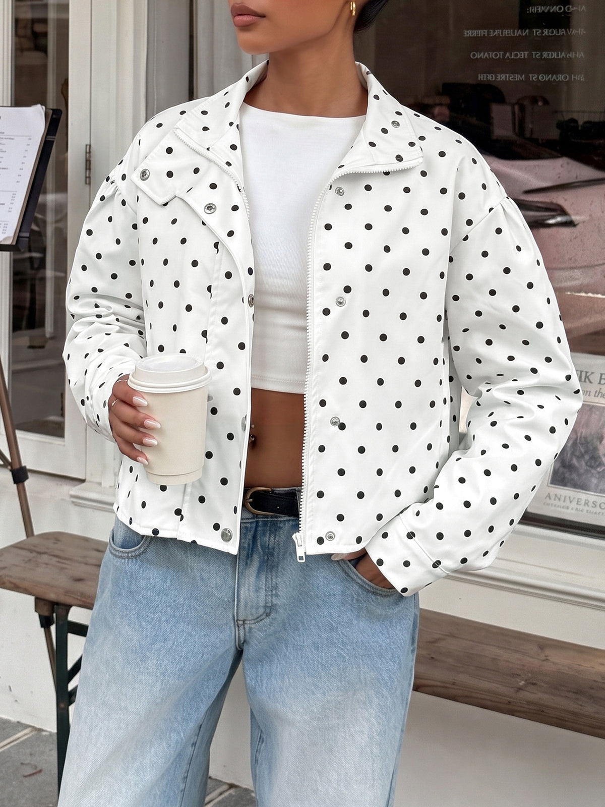 Funnel Neck Zip Front Cropped Polka Dot Jacket