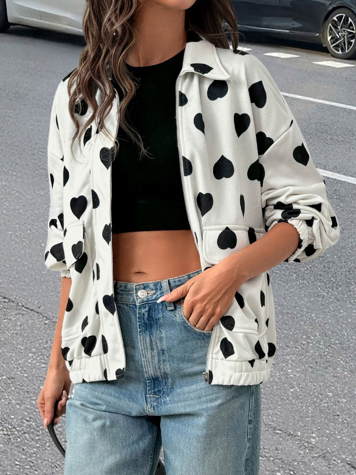 Collared Heart Print Zip Front Bomber Jacket