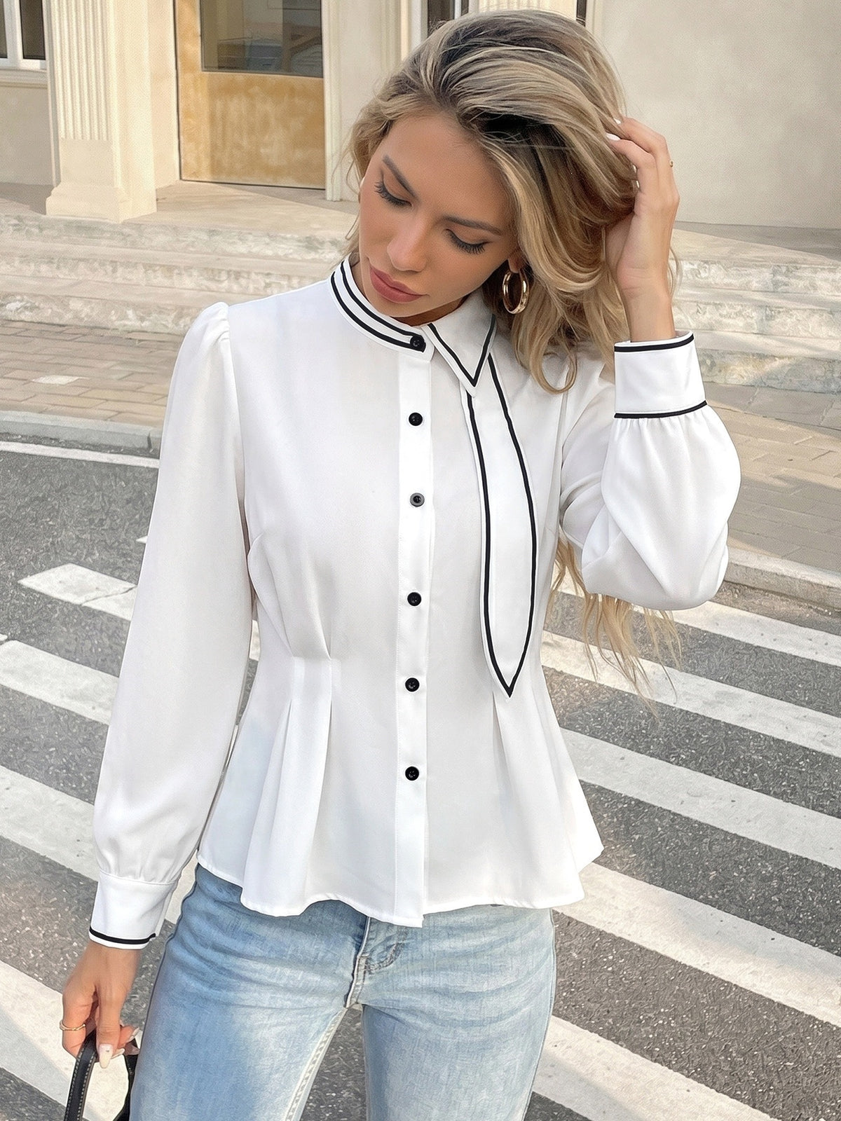 Contrast Piping Scarf Collar Puff Sleeve Peplum Blouse