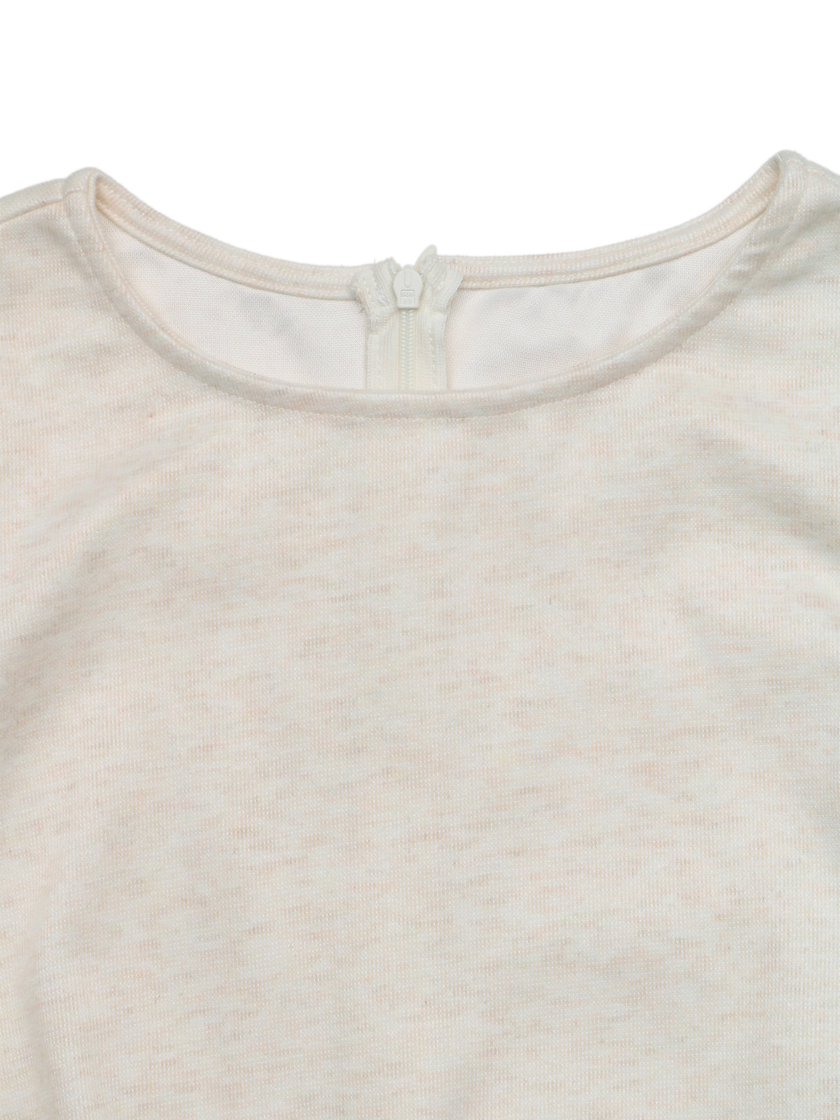 Close-up of a light cream or off-white knit top showing the inner neck and a small center back zipper against a plain white background.