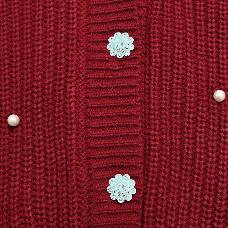 Faux Pearl Crystal Flower Button Chunky Rib Knit Cardigan