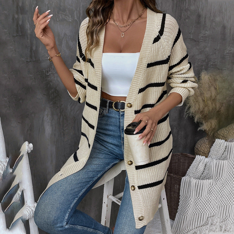 Button Front Stripe Longline Knit Cardigan