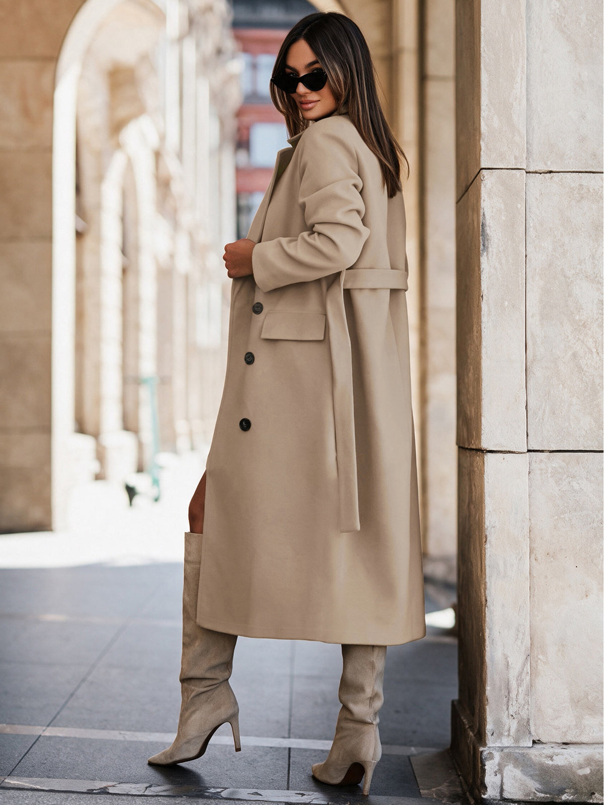 Belted Double Breasted Longline Camel Coat