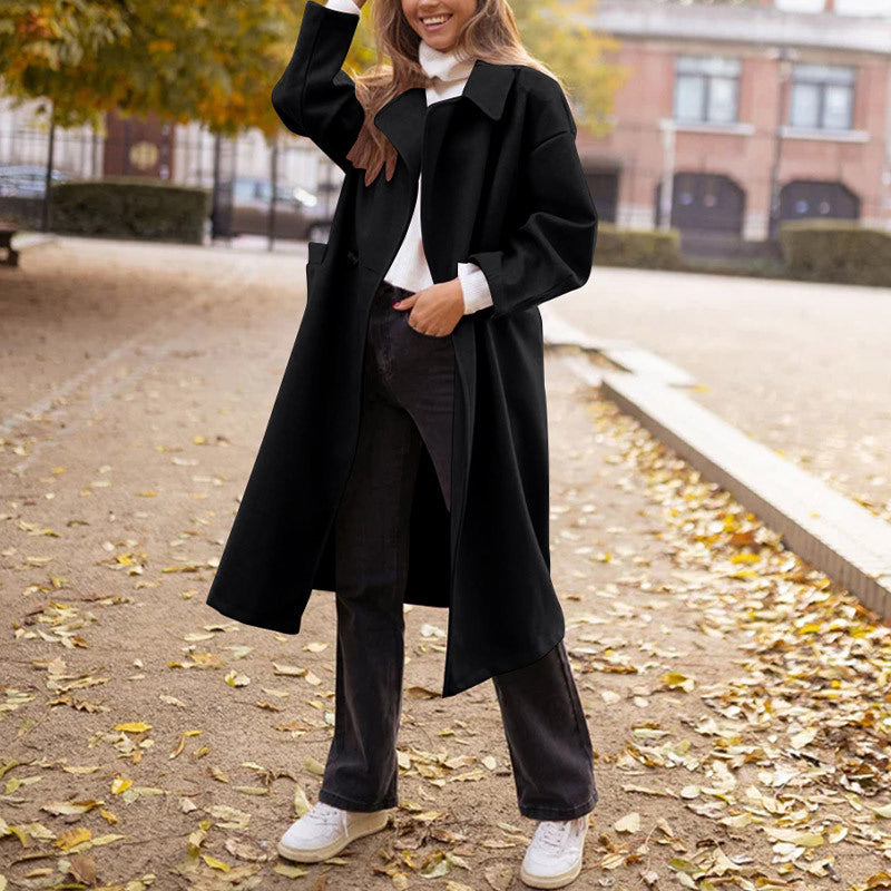 Women's Long Wool Coat in Black, view 3