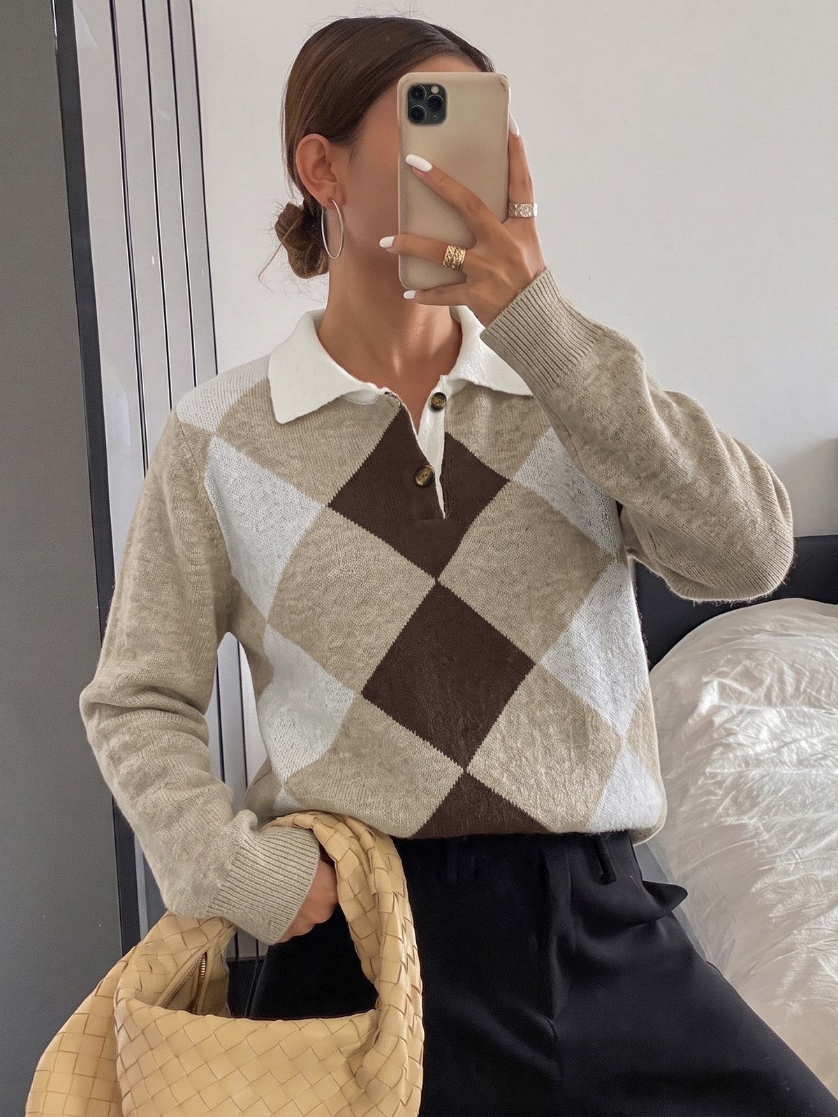 Contrast Collar Button Placket Argyle Polo Jumper