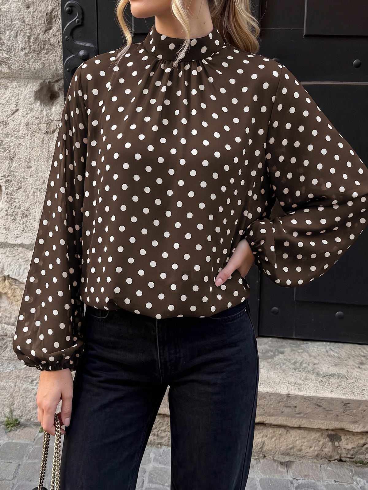 High Neck Balloon Sleeve Polka Dot Chiffon Blouse
