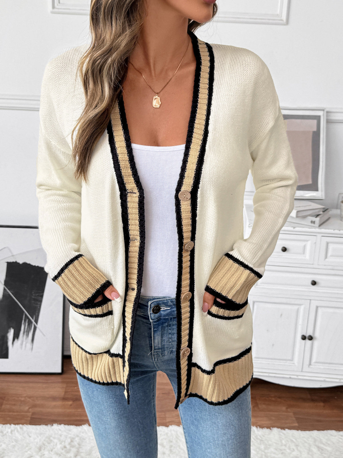 Contrast Trim V Neck Button Pocket Cardigan