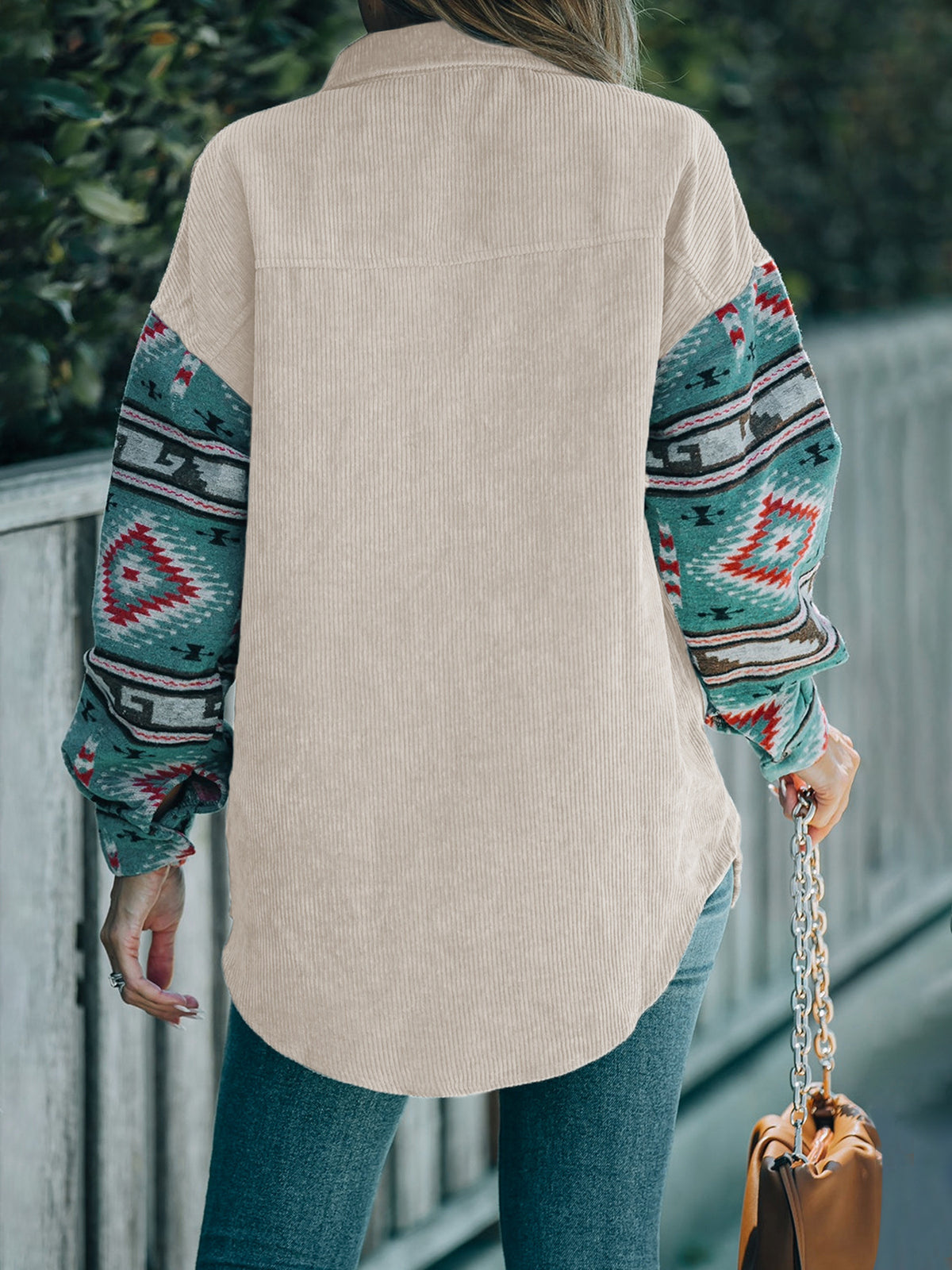 Aztec Print Sleeve Oversized Corduroy Shacket