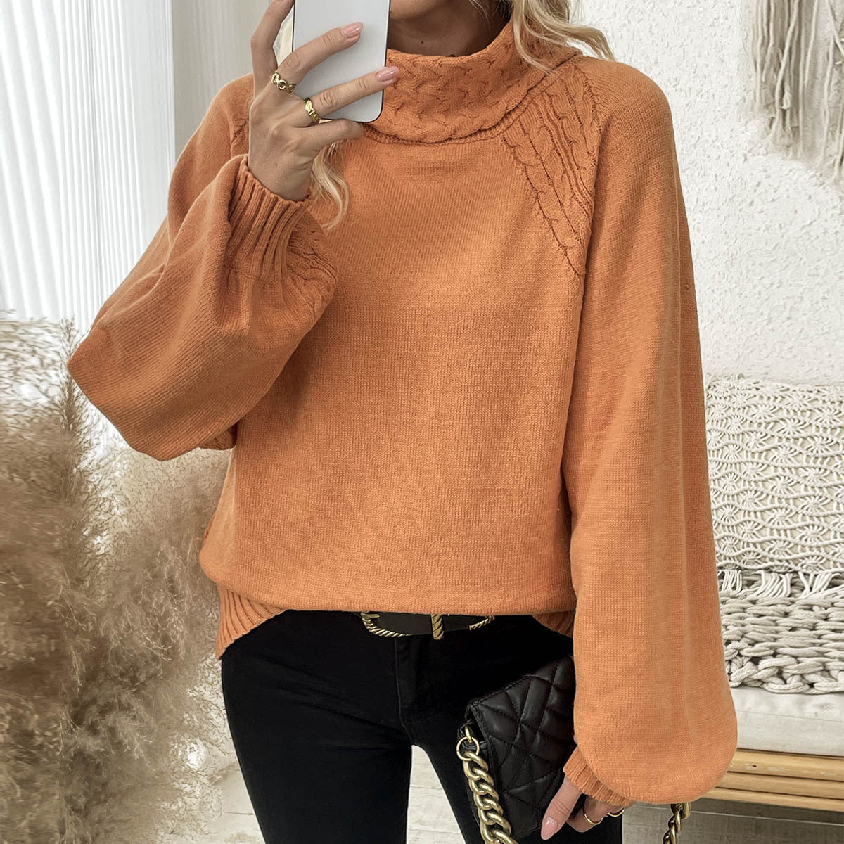 Women's Roll Neck Jumper - orange, side view