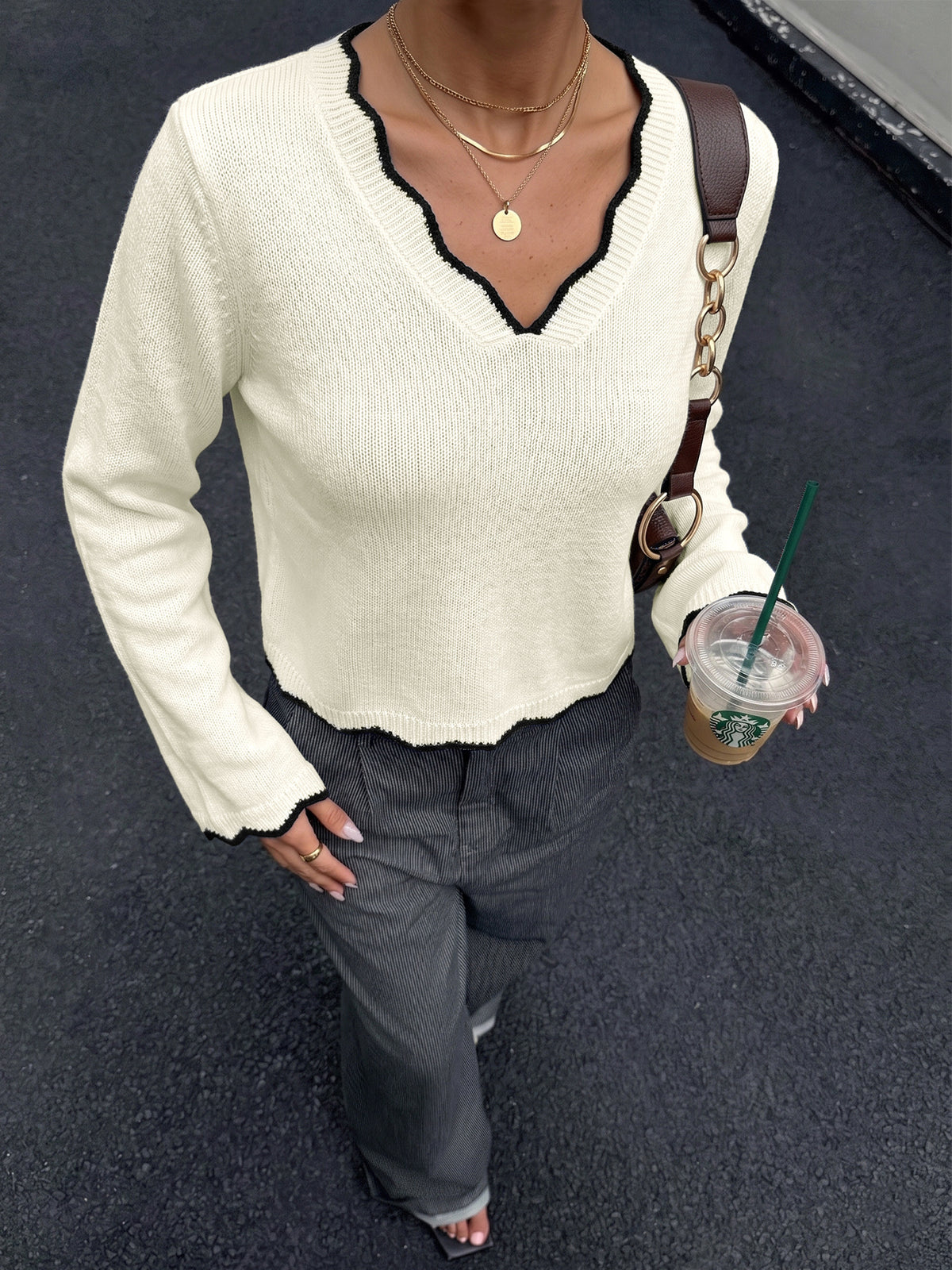 Scalloped Contrast Trim V Neck Cropped Jumper