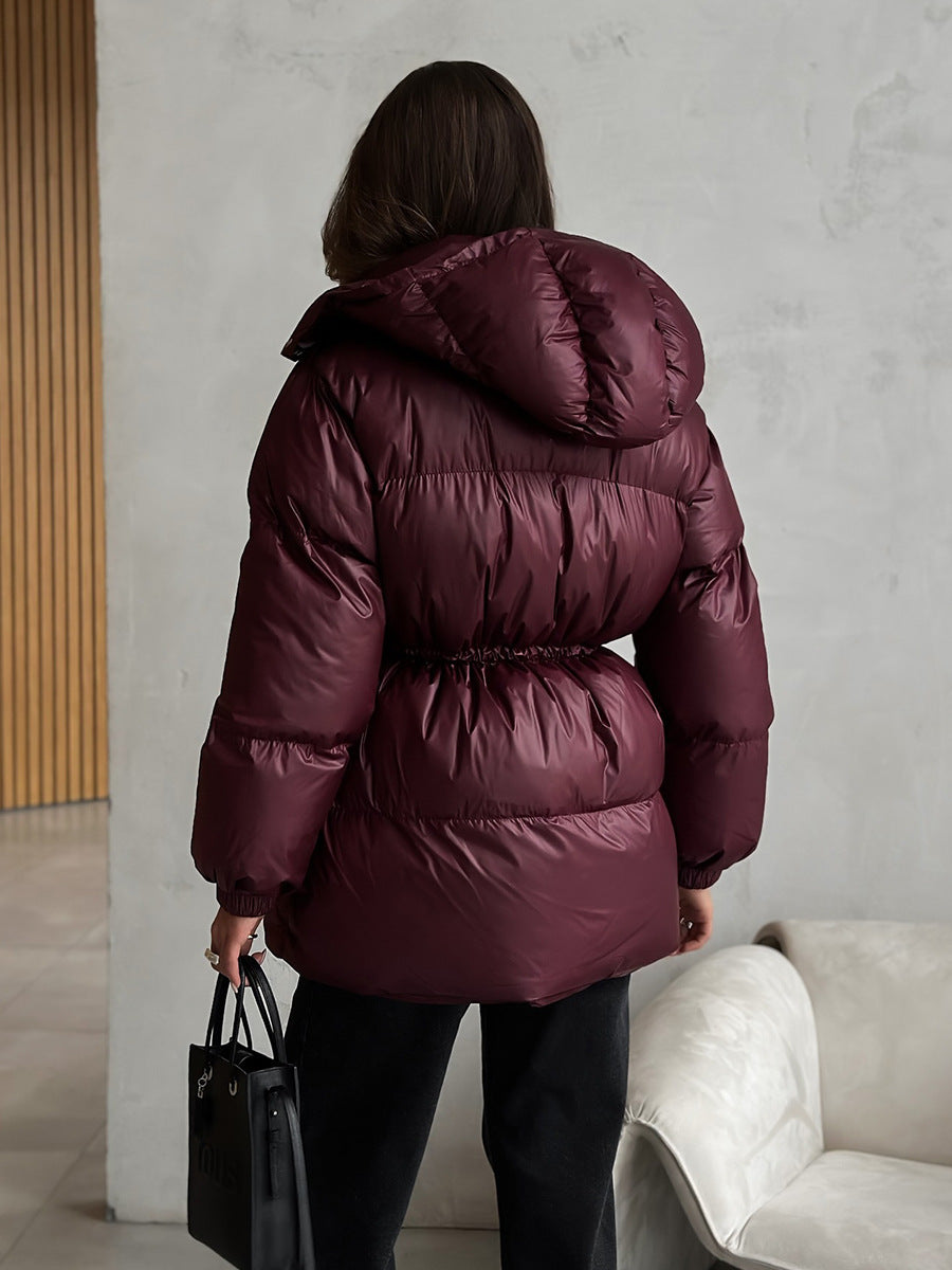 Drawstring Waist Hooded Zip Front Puffer Jacket