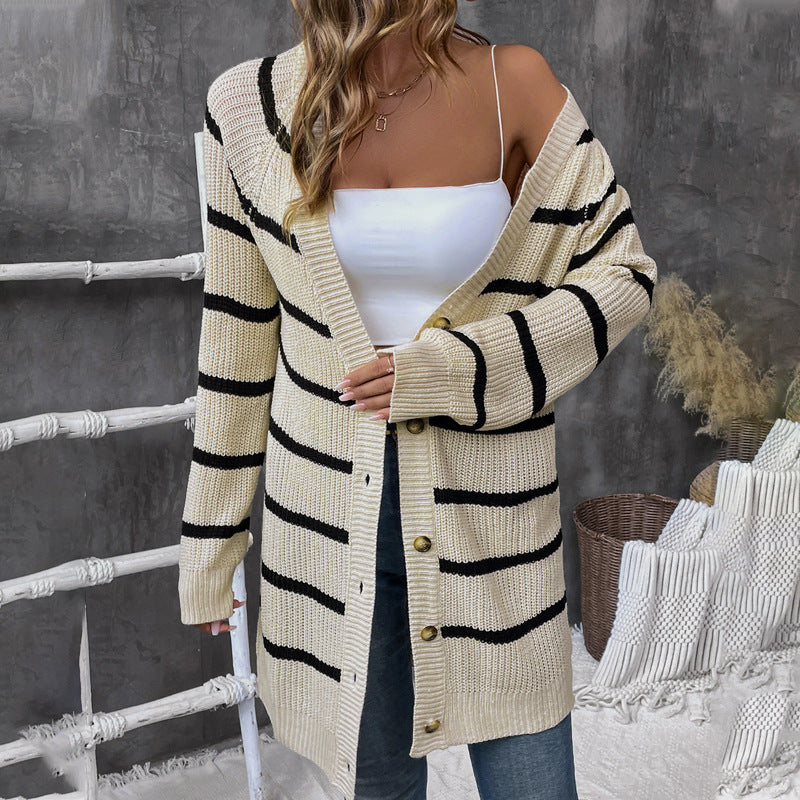 Button Front Stripe Longline Knit Cardigan