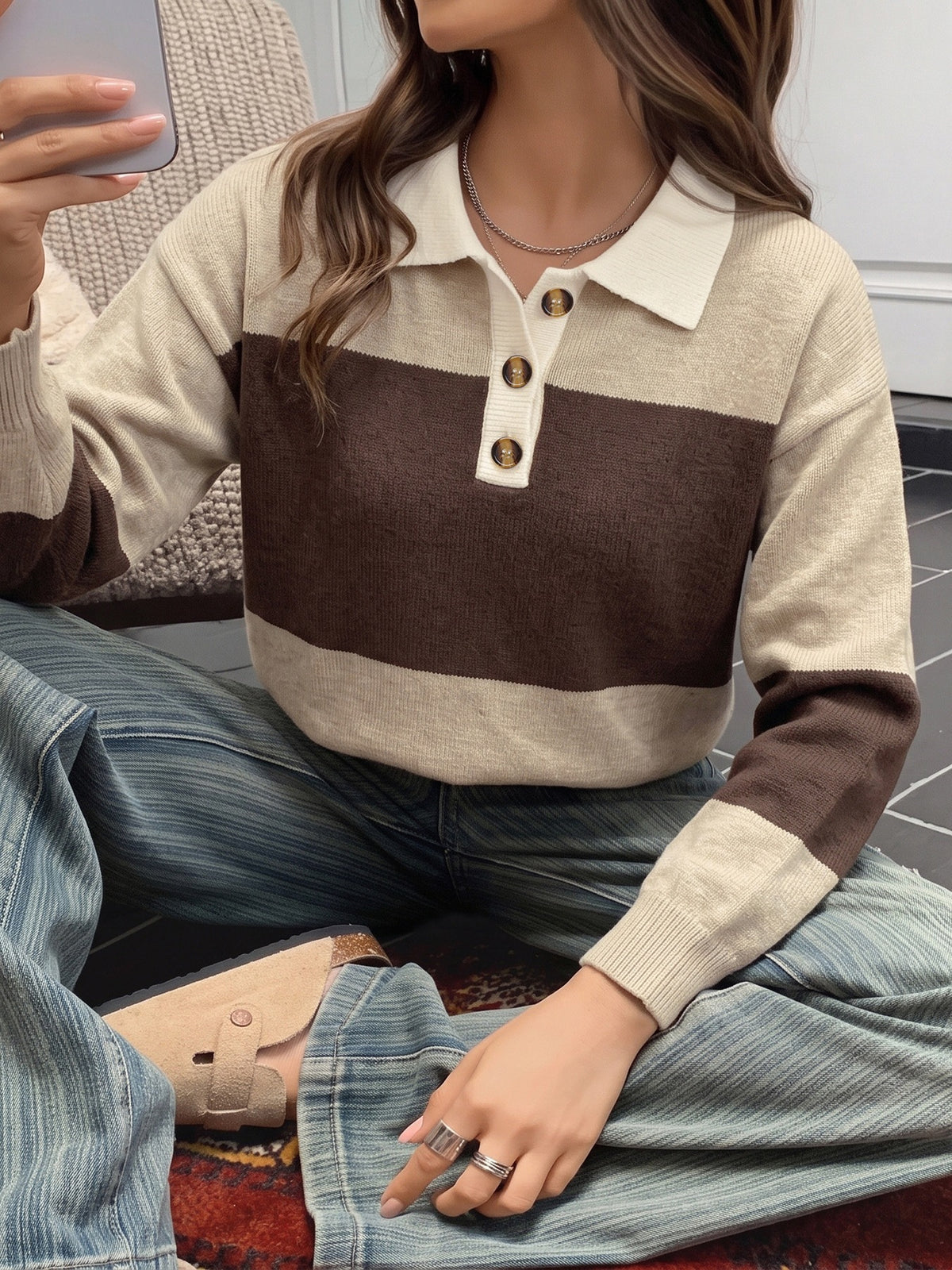 Contrast Collar Colour Block Knitted Rugby Polo Jumper