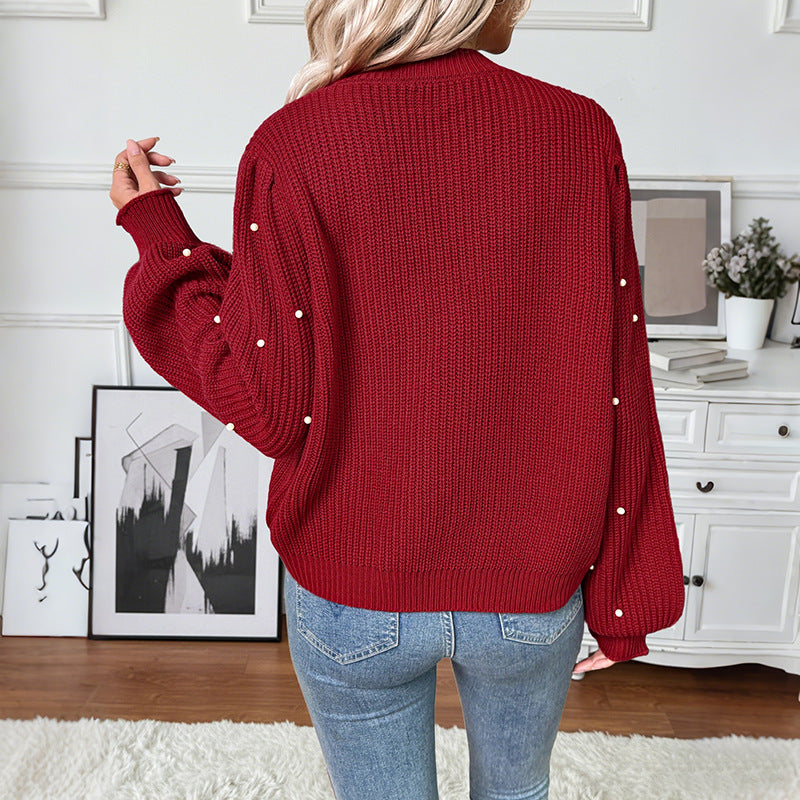 Faux Pearl Crystal Flower Button Chunky Rib Knit Cardigan