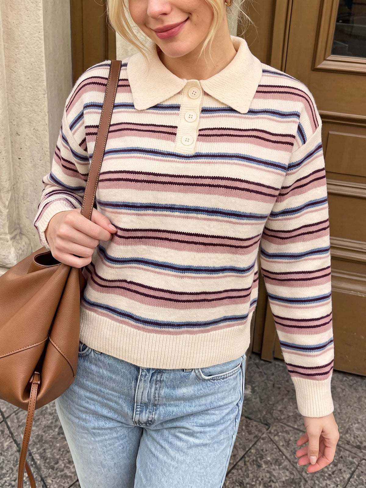Button Polo Collar Striped Knit Jumper