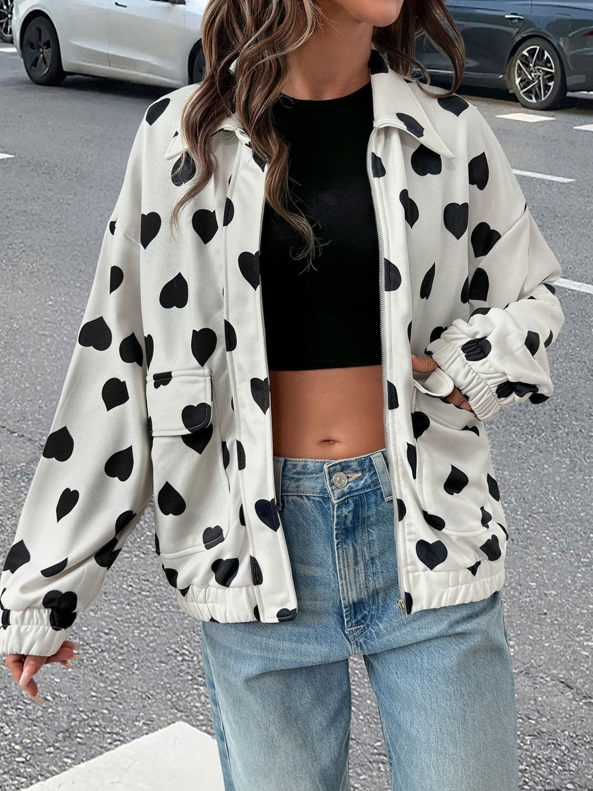 Collared Heart Print Zip Front Bomber Jacket