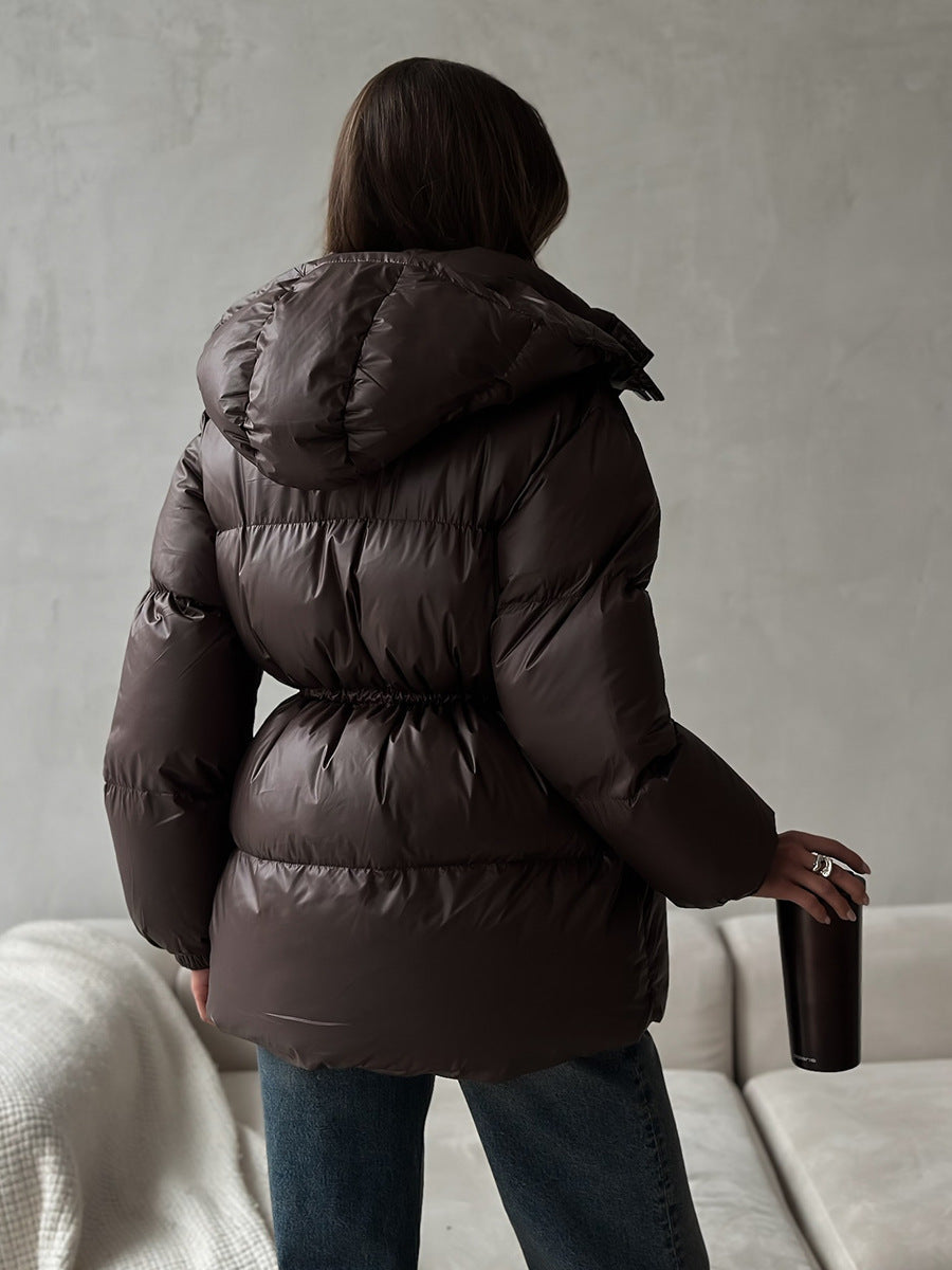 Drawstring Waist Hooded Zip Front Puffer Jacket