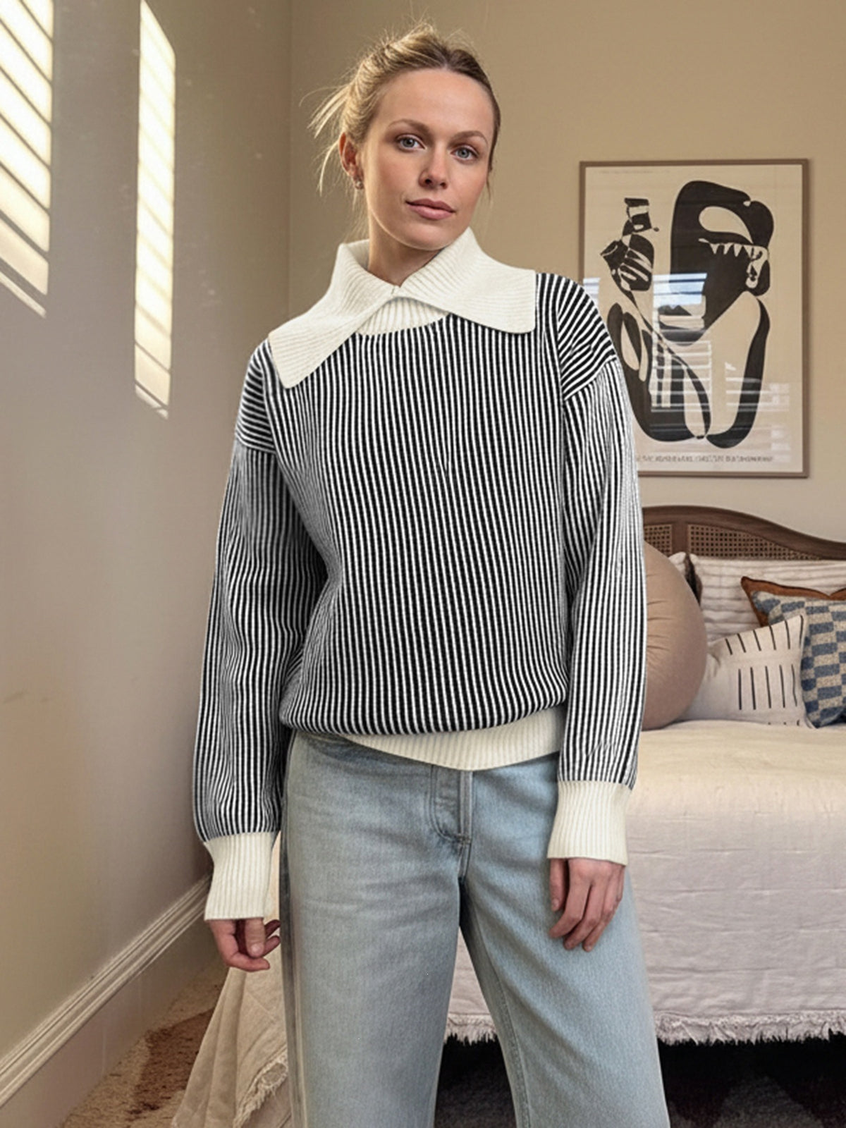 Wide Contrast Collar Vertical Stripe Ribbed Jumper