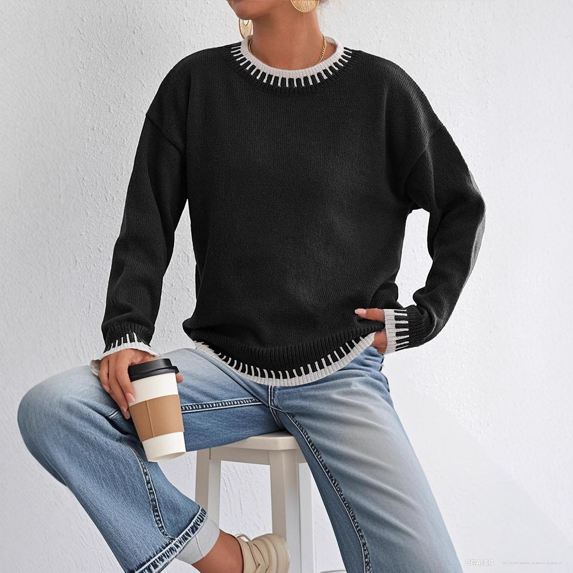 Women's Contrast Stitch Jumper - black, front view