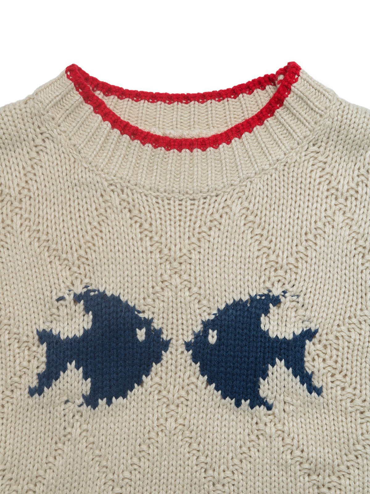 Fish Motif Red Trim Chunky Knit Crew Neck Jumper
