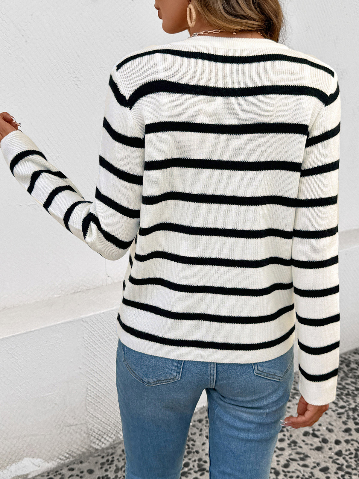 Black and White Striped Cardigan with Gold Button Front