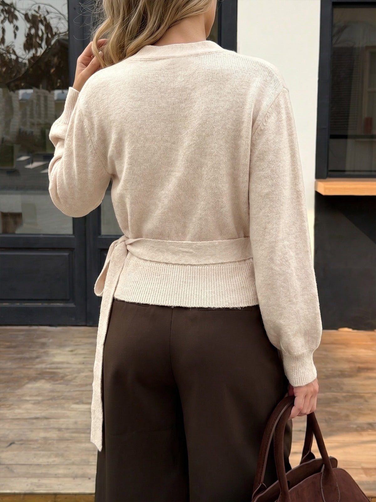 Tie Side Balloon Sleeve Cropped Wrap Front Jumper