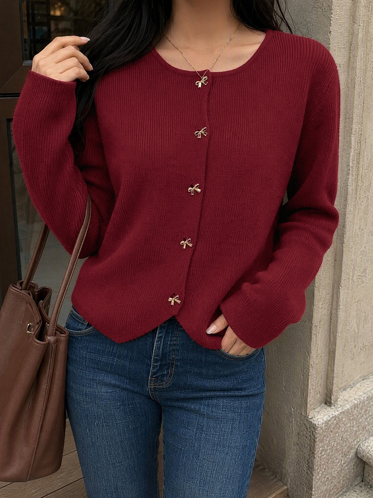 Gold Bow Button Crew Neck Soft Knit Cardigan