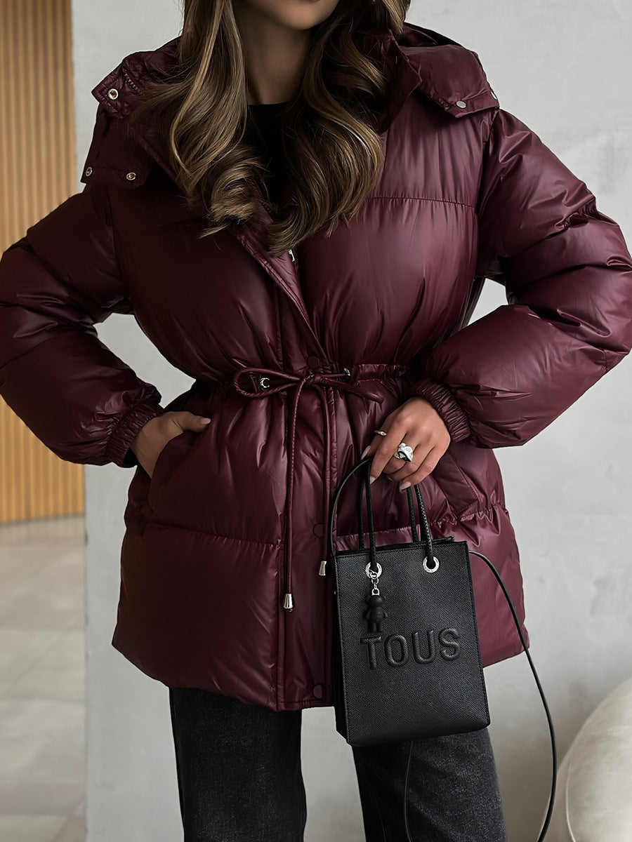 Drawstring Waist Hooded Zip Front Puffer Jacket