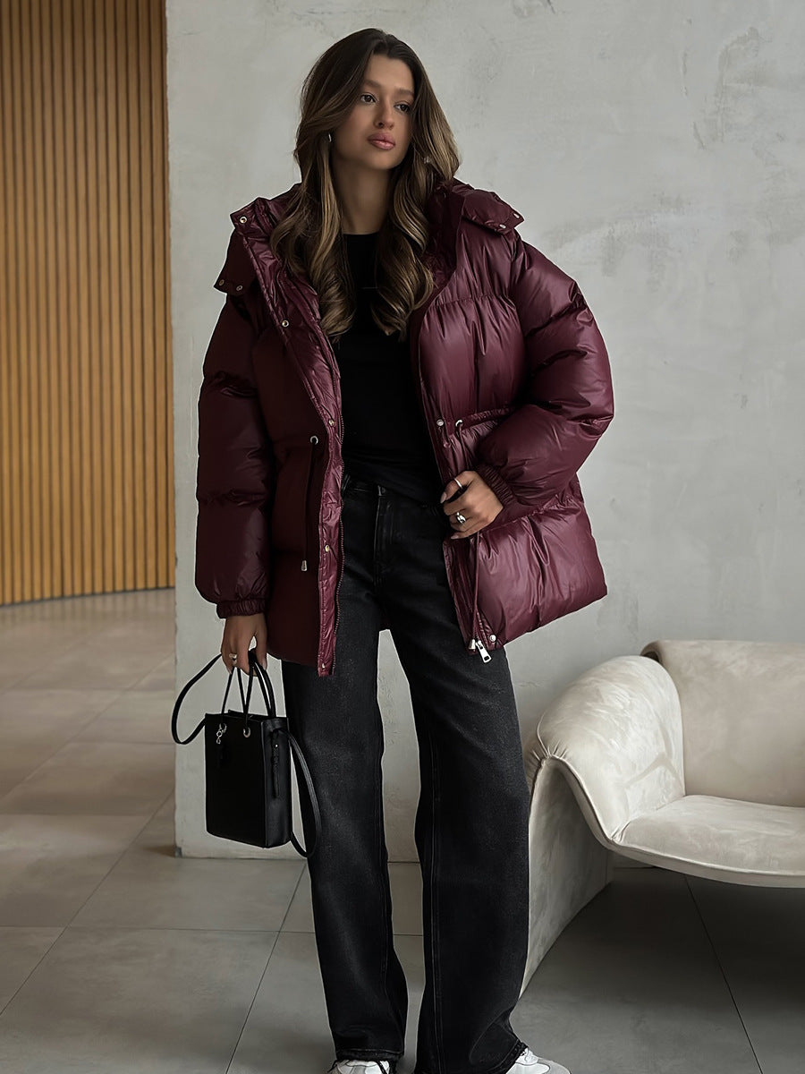 Drawstring Waist Hooded Zip Front Puffer Jacket