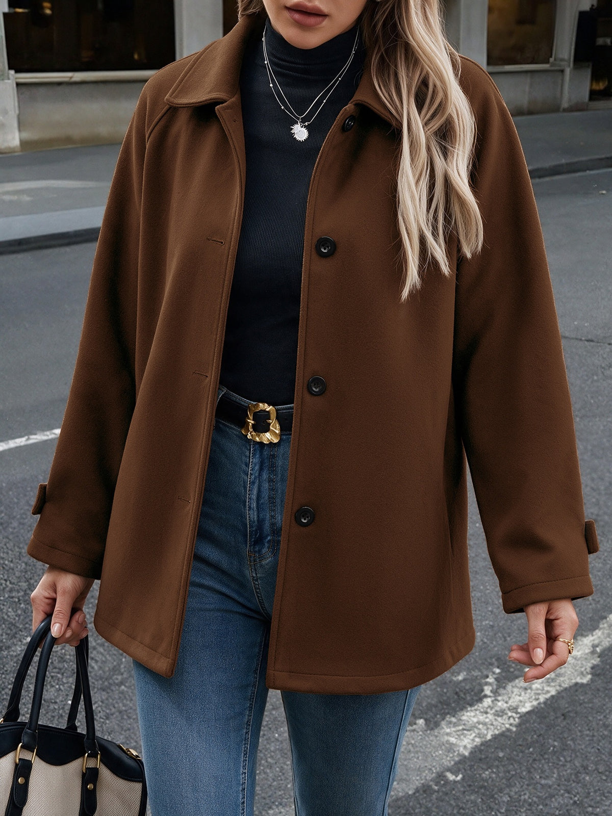 Collared Single Breasted Raglan Sleeve Car Coat