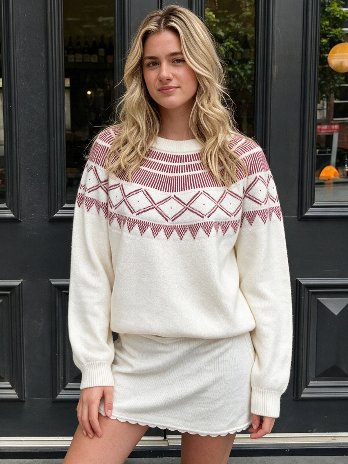 Burgundy Yoke Crew Neck Fair Isle Knit Jumper