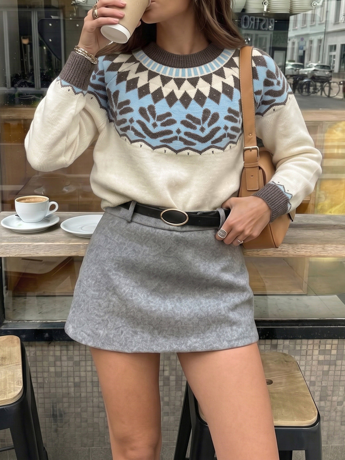 A woman wearing a cream and light blue patterned knit sweater with brown accents, paired with a gray mini skirt and a black belt, standing at a cafe table.